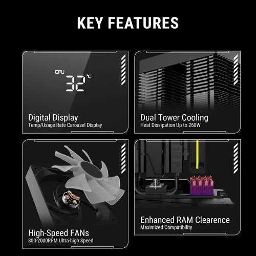 Ant Esports V8 Digital ARGB 120mm Dual Tower CPU Air Cooler with Temperature Display